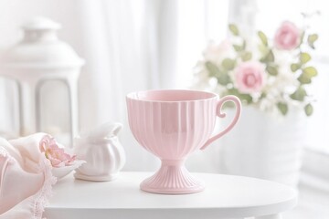 Poster - Delicate pink cup on white table with soft floral decor and gentle natural light in a cozy room