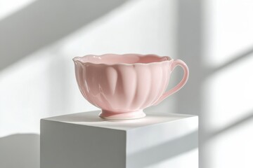 Poster - Elegant pink cup placed on a white pedestal under soft sunlight highlighting unique design features