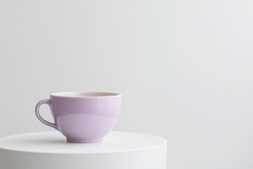 Poster - Soft purple cup resting on a minimalist white pedestal in a bright, airy space
