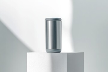 Poster - Modern metallic canister on a white pedestal illuminated by soft natural light creating a minimalist aesthetic in warm tones