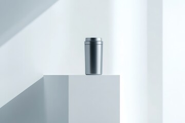 Poster - Stylish metal tumbler on a minimalistic pedestal in a bright, modern interior space