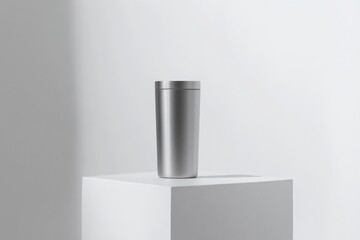 Aufkleber - Sleek stainless steel tumbler displayed on a minimalist pedestal in a softly lit modern setting