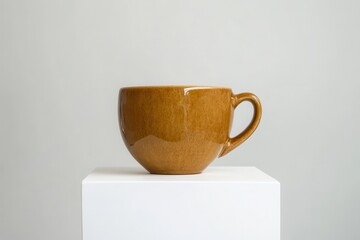 Poster - Ceramic mug displayed on a pedestal highlighting craftsmanship and design in a minimalist setting