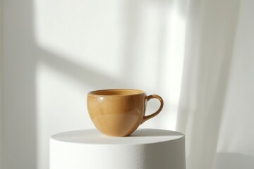 Leinwandbilder - Minimalistic ceramic cup placed on white pedestal under soft natural light in a calm setting