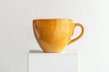 Aufkleber - Bright yellow ceramic cup resting on a white pedestal against a light background