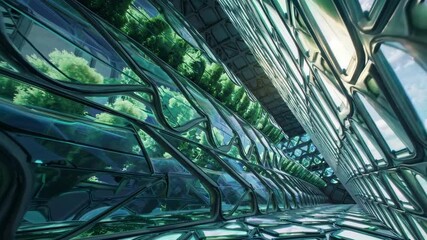 Poster - Modern architectural design featuring green interiors and innovative glass structures in an urban setting