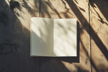 Aufkleber - Quiet moment of reflection with an open blank notebook resting on a wooden surface bathed in soft shadows