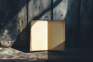 Fototapete - Open book resting on wooden surface with sunlight casting shadows in a serene indoor setting