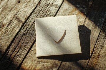 Fototapete - Heart-shaped cutout on a textured wooden surface illuminated by soft natural light