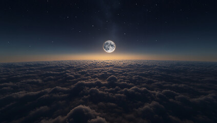 Wall Mural - a full moon shines above the clouds, an endless sea of ​​clouds below.