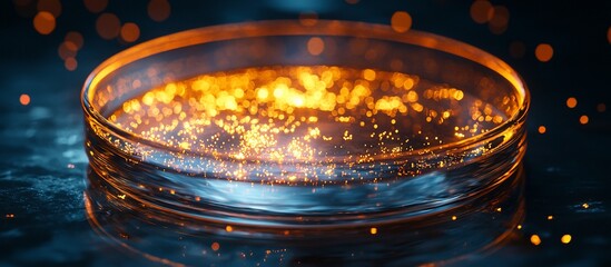 Wall Mural - a glowing petri dish filled with shimmering particles, set against a dark, moody background
