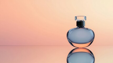 Poster - Sleek cosmetic bottle on a reflective surface with a gentle pastel toned background and space for additional text. Generative AI