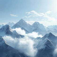 Poster - Majestic mountain range with soft clouds in blue sky offering a serene retreat for nature lovers and adventurers. Generative AI