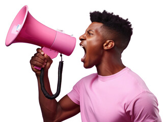 Poster - PNG African american using megaphone adult performance technology.