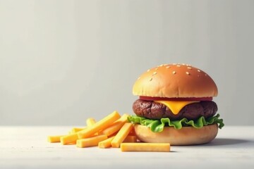 Wall Mural - A savory cheeseburger, perfectly grilled patty, nestled in a sesame seed bun, accompanied by a mound of golden-brown, crispy potato fries, a classic fast food pairing.