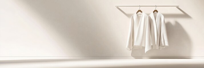 Fototapete - Minimalist display of neutral clothing on wooden hangers in a serene, softly lit space. Generative AI