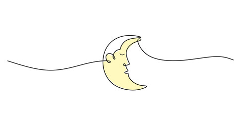 Wall Mural - Crescent moon in continuous line drawing. Symbol of the night sky, dreams, and cosmic wonder.