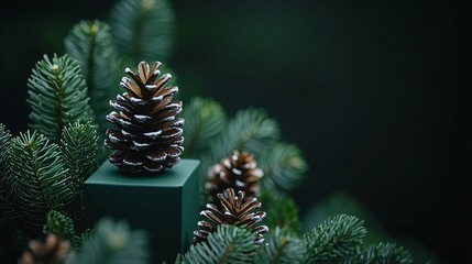 Poster - Festive pine cones on green cube, dark background. Holiday card design