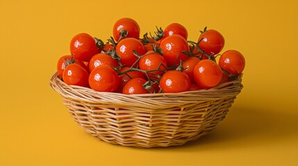 Poster - Ripe cherry tomatoes in basket, yellow background, food photography