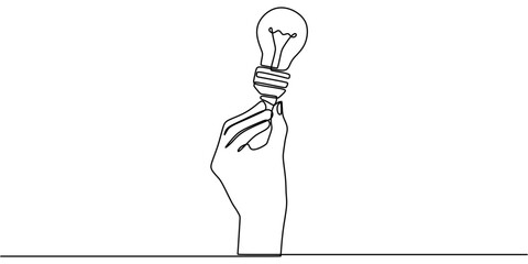Wall Mural - one line drawing of hand holding a light bulb. symbol of creativity and invention.