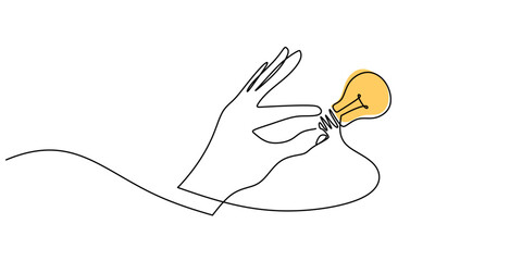 Wall Mural - continuous line drawing of hand holding a light bulb. representing idea and innovation.