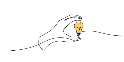 Wall Mural - one line drawing of hand holding a light bulb. symbol of creativity and invention.