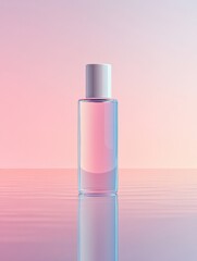 Sticker - Sleek cosmetic bottle on a reflective surface with clean pastel toned background and blank area for text. Generative AI