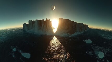 Wall Mural - sun setting behind icy, mountainous island in alien ocean.