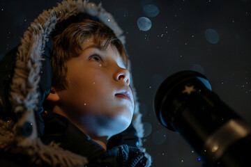 Wall Mural - astronomer stargazing with telescope under vibrant night sky, generative ai