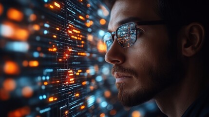 Focused programmer studying complex code on a digital screen.
