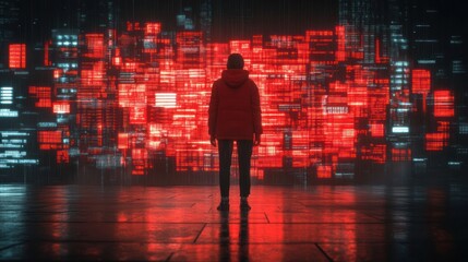 Wall Mural - Person standing before a large screen displaying red digital data.