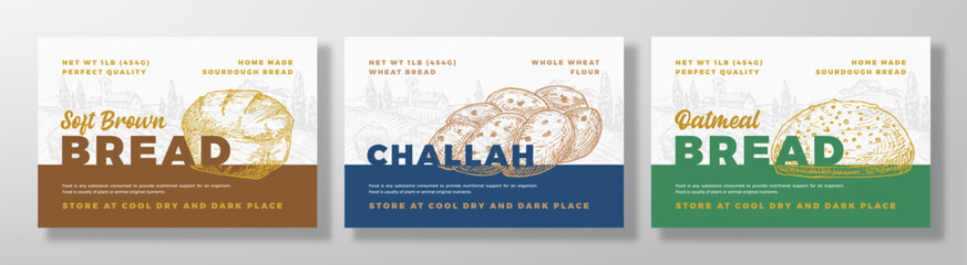 Wall Mural - Bread Vector Packaging Design Label Backgrounds Set. Bakery Food Product Banner, Hand Drawn Brick Loaf, Challah, Oatmeal Sketch Silhouette Color Paper Banner Layouts Isolated
