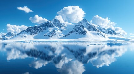 Wall Mural - antarctic mountains reflected in calm, icy water under a blue sky with fluffy clouds.