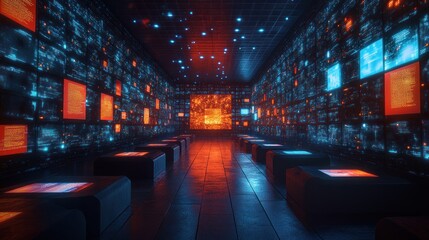 Wall Mural - Futuristic data center corridor with glowing screens displaying digital information.