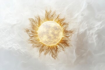 Wall Mural - ethereal golden sun orb with detailed corona, radiating warm light through wispy atmospheric clouds, set against pure white infinity