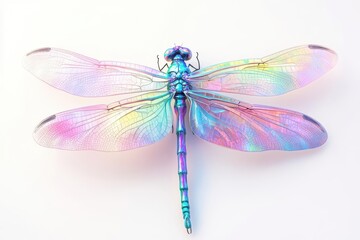 ethereal iridescent dragonfly with crystalline wings catching rainbow light, delicate details against pure white background, digital art style