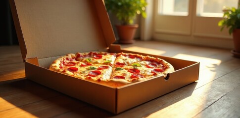 Wall Mural - Delicious Pepperoni Pizza in a Cardboard Box on a Wooden Floor Basking in Sunlight