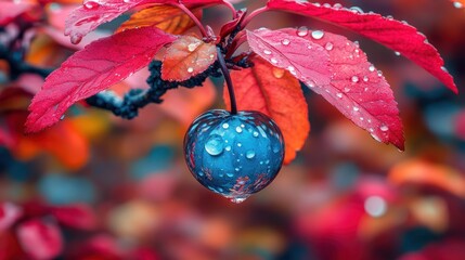 Wall Mural - Close-up of a single, blue, rain-covered fruit hanging from a branch with vibrant red and orange autumn leaves.