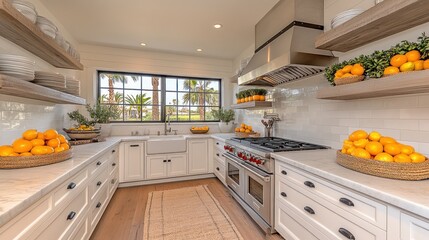 Wall Mural - Bright kitchen with white cabinets, marble counters, and farmhouse sink.  Oranges in baskets add pops of color.