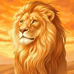 Poster - Regal lion portrait with glowing golden mane illuminated by sunset light and space for text. Generative AI