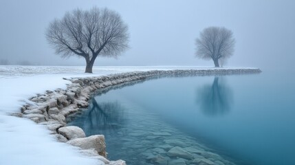 Wall Mural - two leafless trees stand on a snow-covered shoreline beside a calm, clear, teal lake on a foggy wint