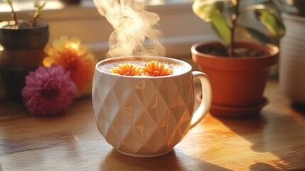 Wall Mural - Steaming hot drink in a white mug adorned with flowers, sitting on a wooden surface in sunlight.