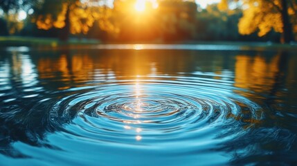 Wall Mural - Sunset reflecting on calm water with concentric ripples.