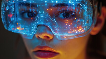 Wall Mural - Close-up of a woman wearing futuristic glowing glasses, displaying digital data.