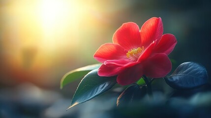 Wall Mural - Single red camellia flower backlit by warm sunset light.