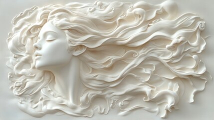 Wall Mural - Woman's relief sculpture with flowing hair on a plain background, for art or design projects