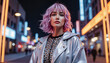 © Nataly - Androgynous model posing confidently in neon-lit cityscape, cyberpunk style