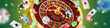 © vector zėfirkã - Banner with Golden casino roulette, wheel with flying poker chips, tokens, playing cards, dices, around on green background with lights, bokeh. Vector illustration for design, advertising