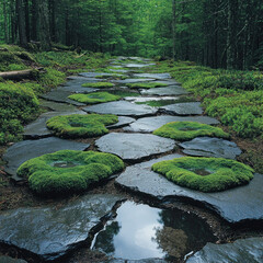 Wall Mural - Mossy stone path in tranquil forest setting