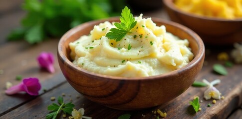 Wall Mural - Creamy Mashed Potatoes in Rustic Wooden Bowl Garnished with Fresh Herbs and Spices, a Delicious and Simple Side Dish Perfect for Any Meal